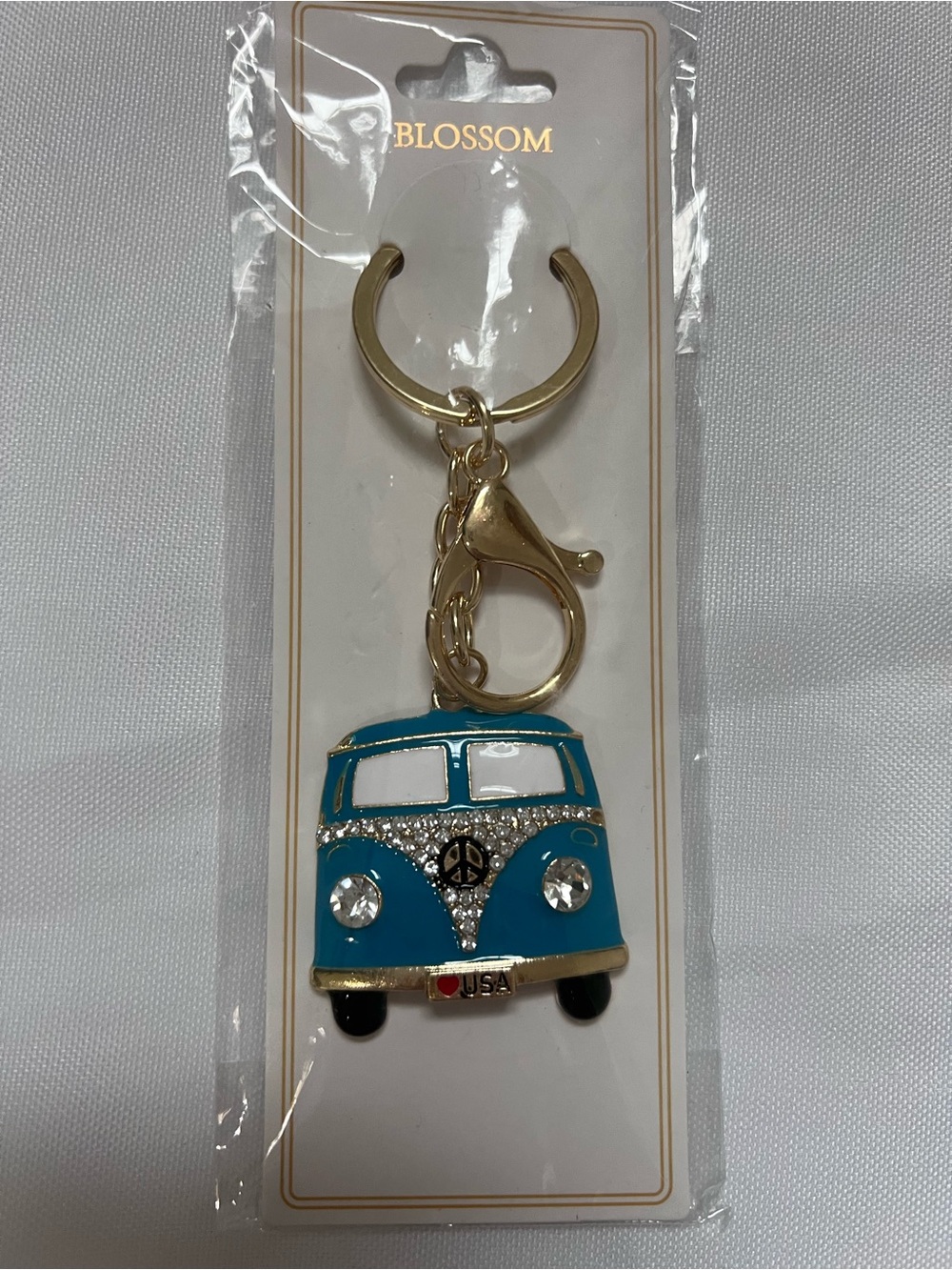 Blossom Blue Rhinestone Hippie Van Keychain Peace Sign NWT - Picture 3 of 10